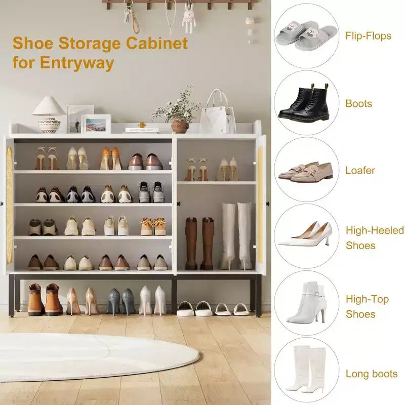 MDF 7-Tier Shoe Cabinet with Rattan Doors 46.1''