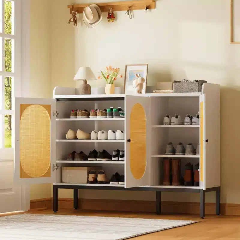 MDF 7-Tier Shoe Cabinet with Rattan Doors 46.1''
