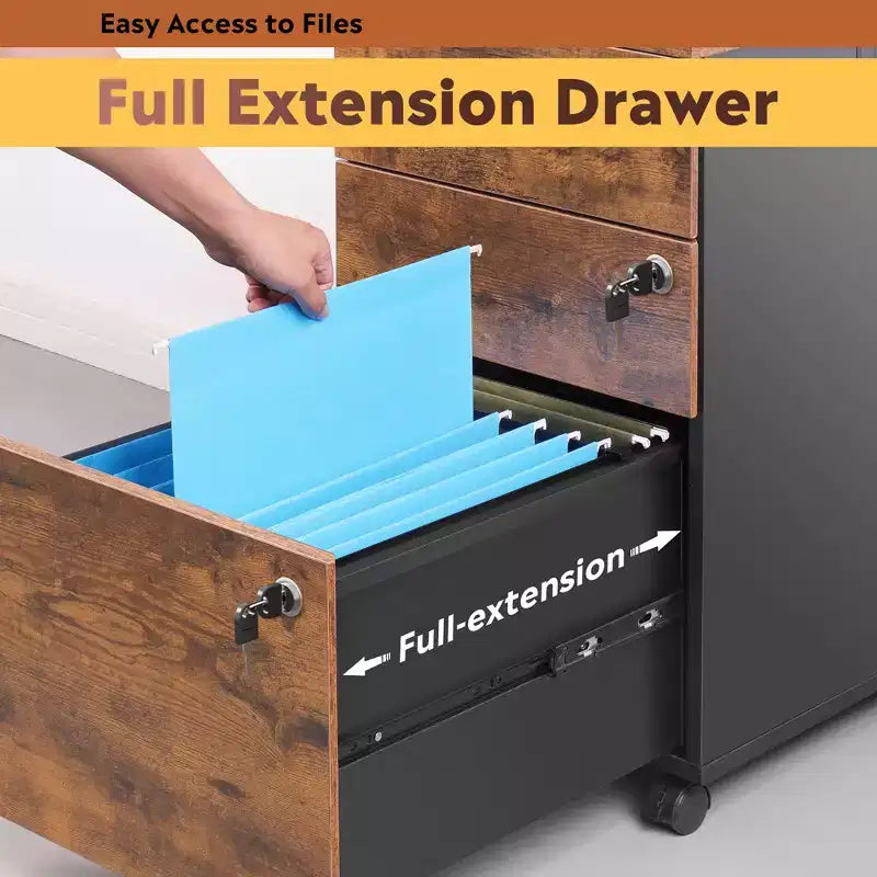 Engineered Wood 3-Drawer Rolling File Cabinet 25.8''