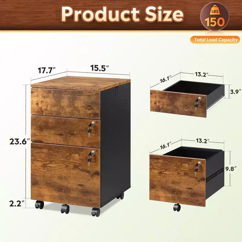 Engineered Wood 3-Drawer Rolling File Cabinet 25.8''