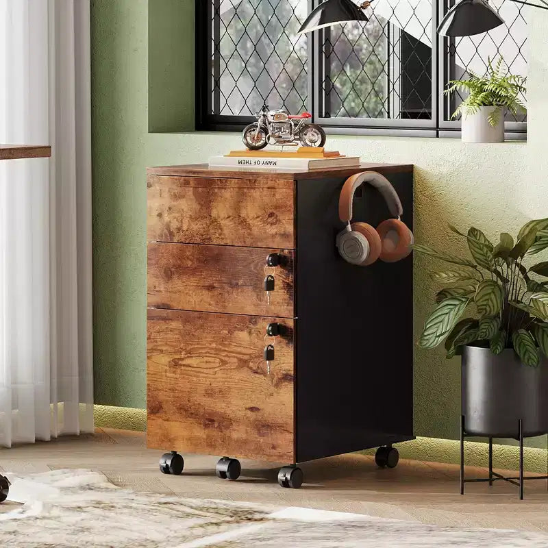 Engineered Wood 3-Drawer Rolling File Cabinet 25.8''