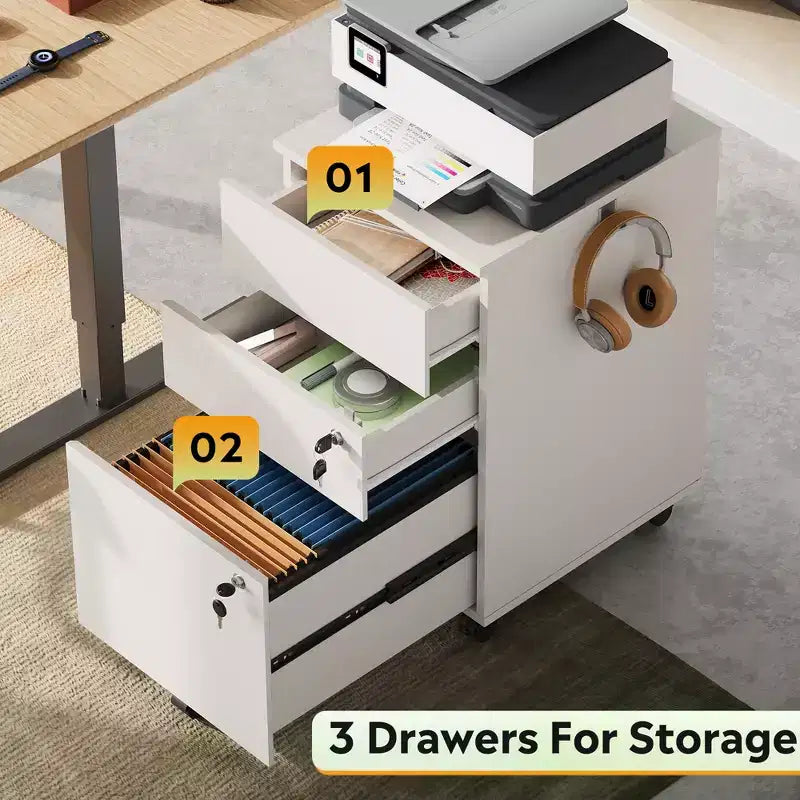 Engineered Wood 3-Drawer Rolling File Cabinet 25.8''