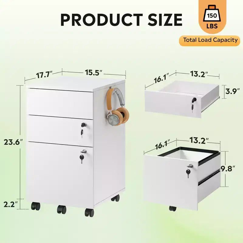Engineered Wood 3-Drawer Rolling File Cabinet 25.8''