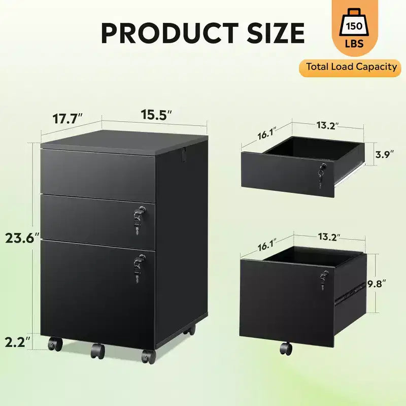 Engineered Wood 3-Drawer Rolling File Cabinet 25.8''