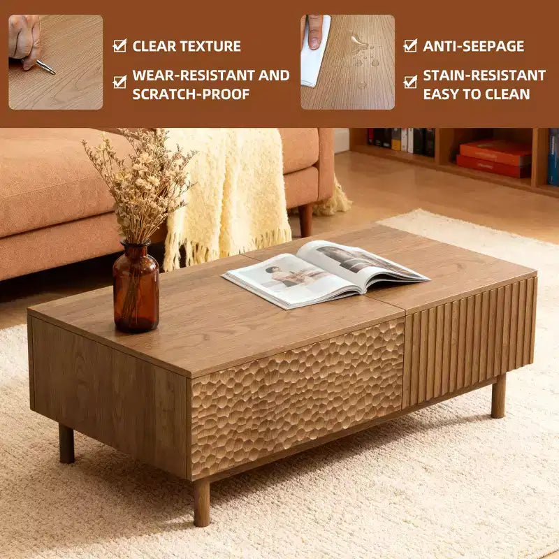 MDF Fluted Lift-Top Coffee Table with Drawers 51.1''