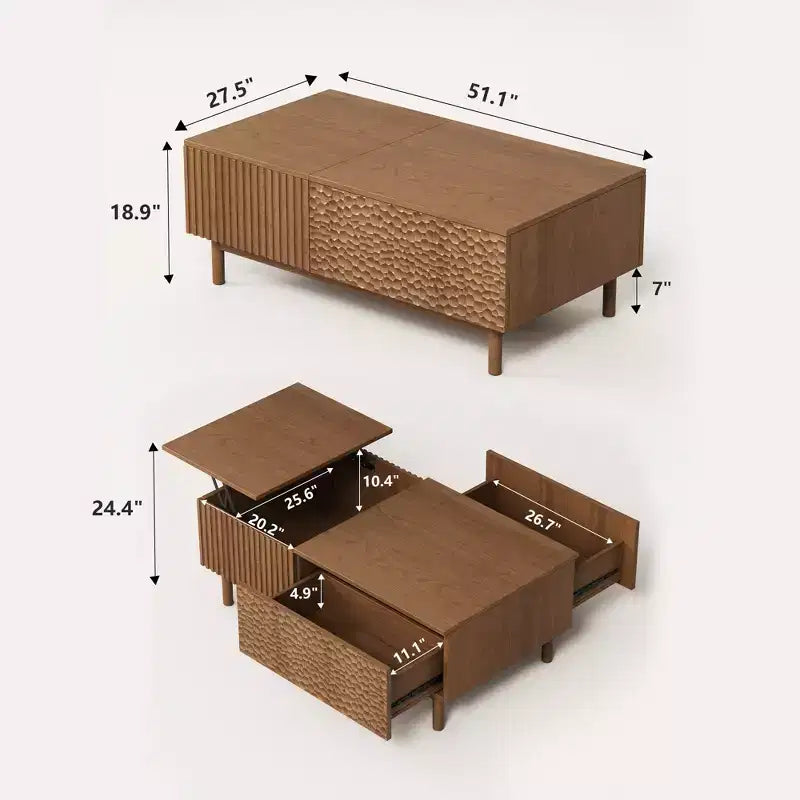 MDF Fluted Lift-Top Coffee Table with Drawers 51.1''