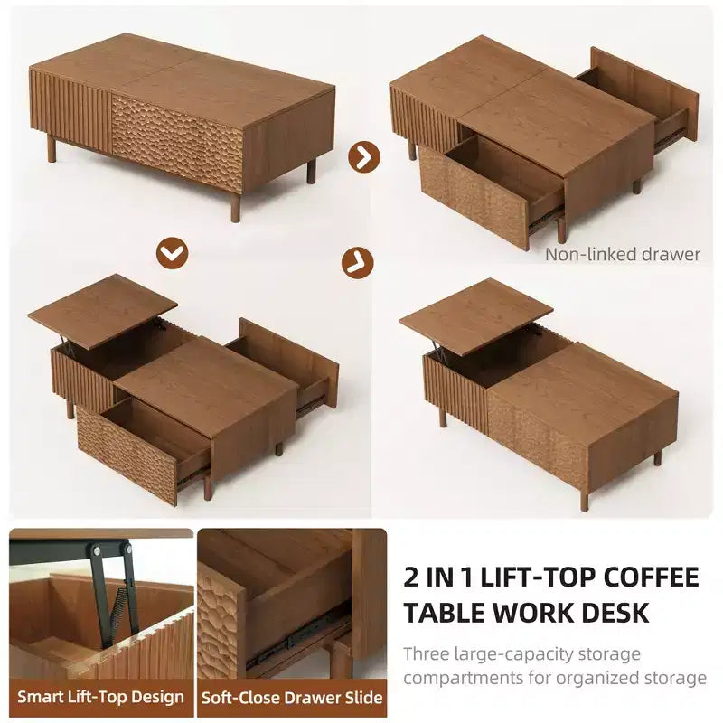 MDF Fluted Lift-Top Coffee Table with Drawers 51.1''