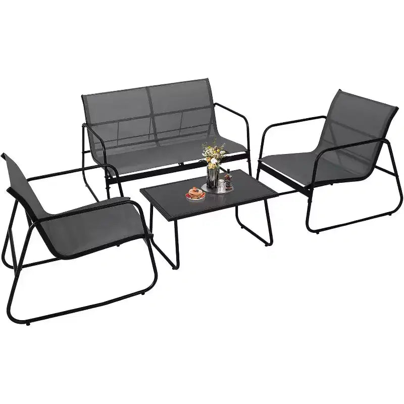 Ensemble de mobilier de jardin Acekool 4 pièces avec sièges en tissu, table basse en verre, causeuse et 2 chaises pour jardin, balcon, porche - Gris