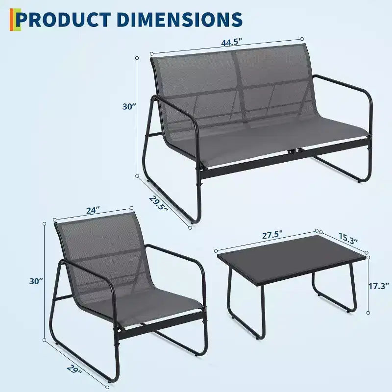 Ensemble de mobilier de jardin Acekool 4 pièces avec sièges en tissu, table basse en verre, causeuse et 2 chaises pour jardin, balcon, porche - Gris
