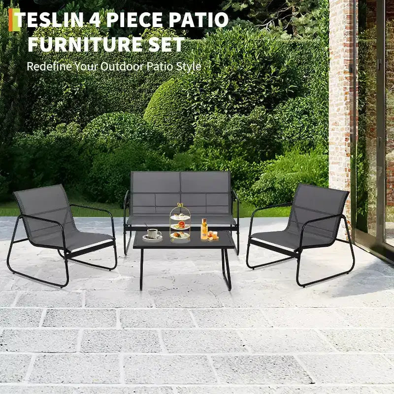 Ensemble de mobilier de jardin Acekool 4 pièces avec sièges en tissu, table basse en verre, causeuse et 2 chaises pour jardin, balcon, porche - Gris