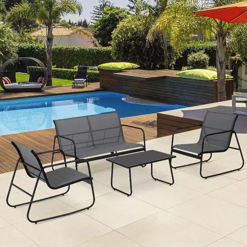 Ensemble de mobilier de jardin Acekool 4 pièces avec sièges en tissu, table basse en verre, causeuse et 2 chaises pour jardin, balcon, porche - Gris