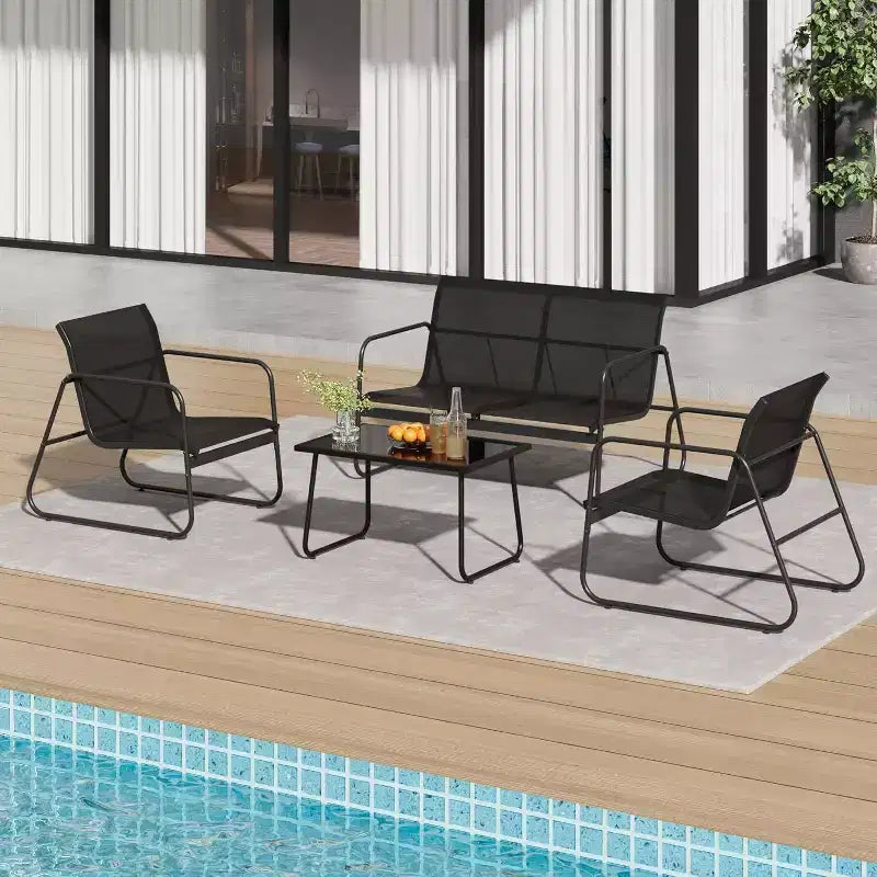 Ensemble de mobilier de jardin Acekool 4 pièces avec sièges en tissu, table basse en verre, causeuse et 2 chaises pour jardin, balcon, porche - Gris