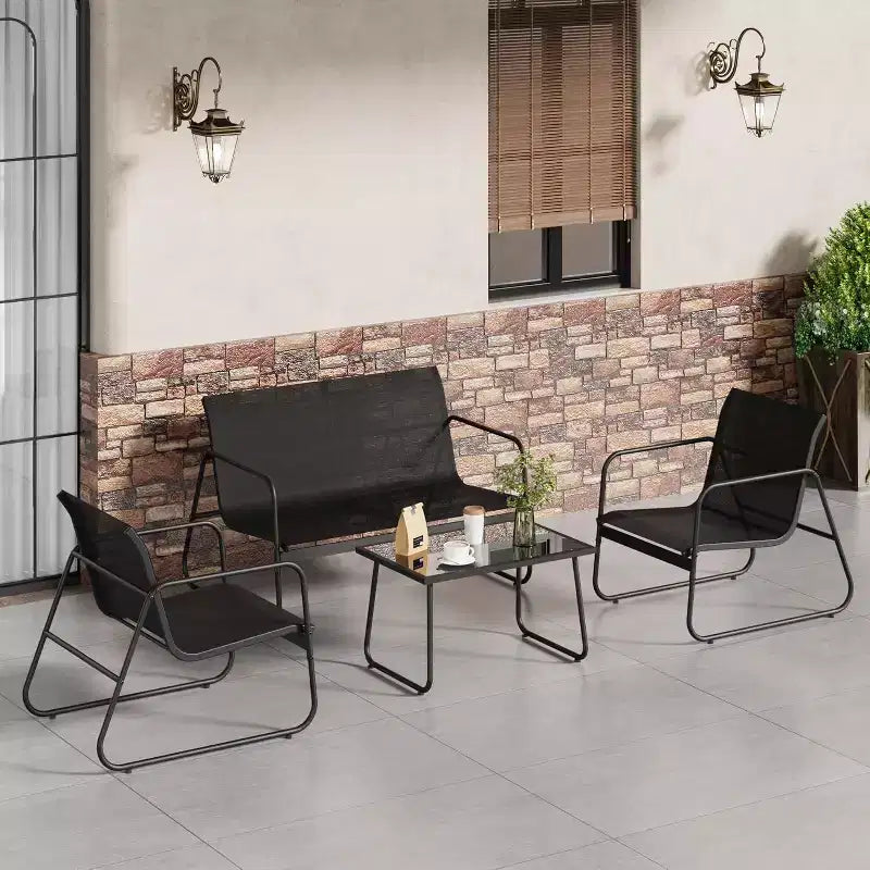 Ensemble de mobilier de jardin Acekool 4 pièces avec sièges en tissu, table basse en verre, causeuse et 2 chaises pour jardin, balcon, porche - Gris