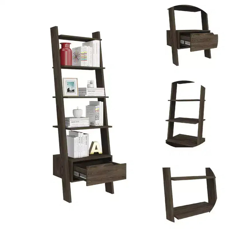 Dark Walnut Wood Ladder Bookcase with Drawer 70.31''