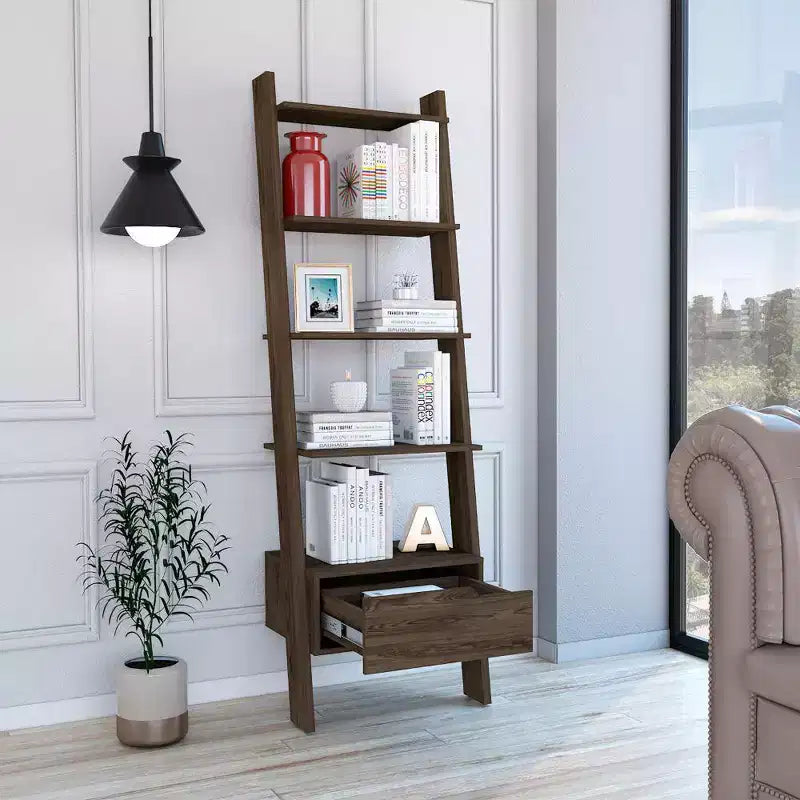 Dark Walnut Wood Ladder Bookcase with Drawer 70.31''
