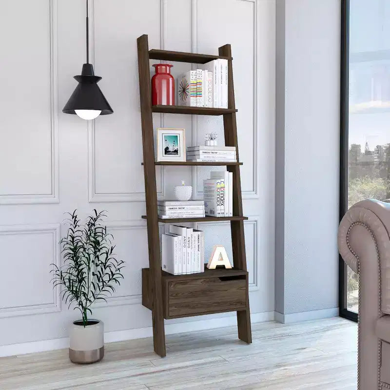 Dark Walnut Wood Ladder Bookcase with Drawer 70.31''
