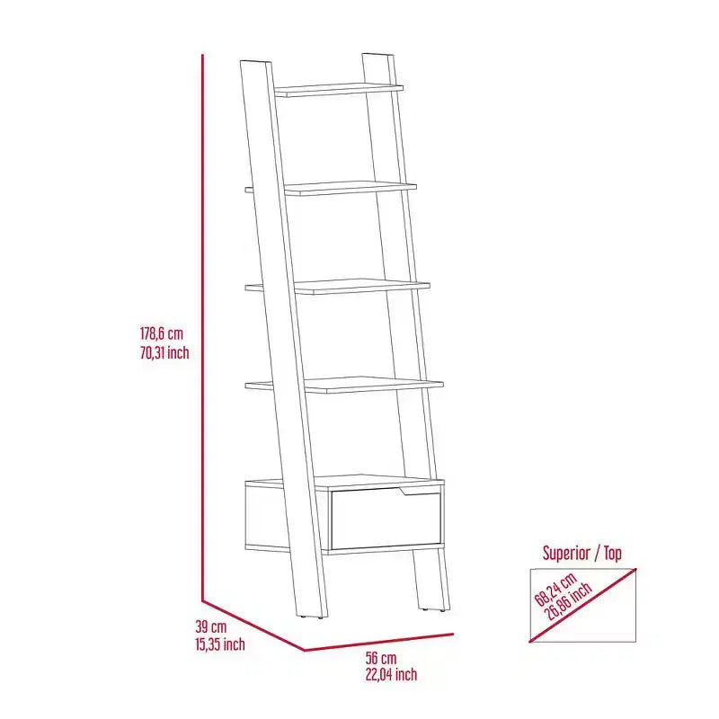 Dark Walnut Wood Ladder Bookcase with Drawer 70.31''