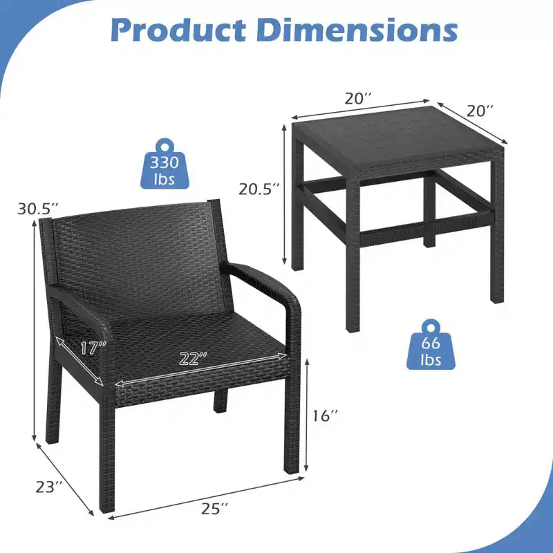 Costway Ensemble de Meubles de Patio 3 Pièces avec 2 Fauteuils en Rotin Modernes et Table d'Appoint 25 Squire Noir/Gris
