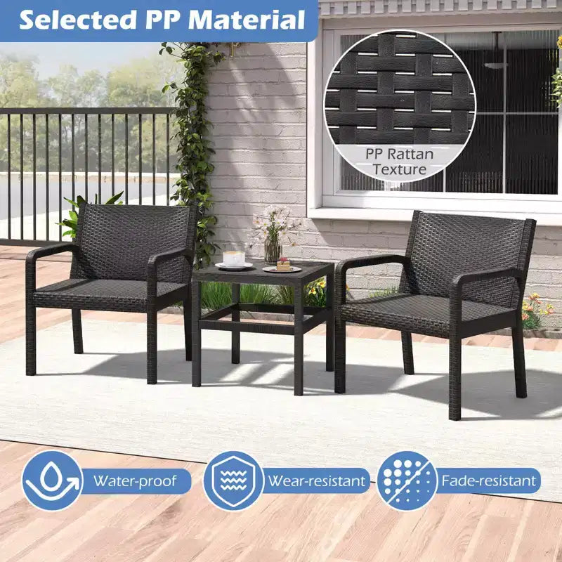 Costway Ensemble de Meubles de Patio 3 Pièces avec 2 Fauteuils en Rotin Modernes et Table d'Appoint 25 Squire Noir/Gris