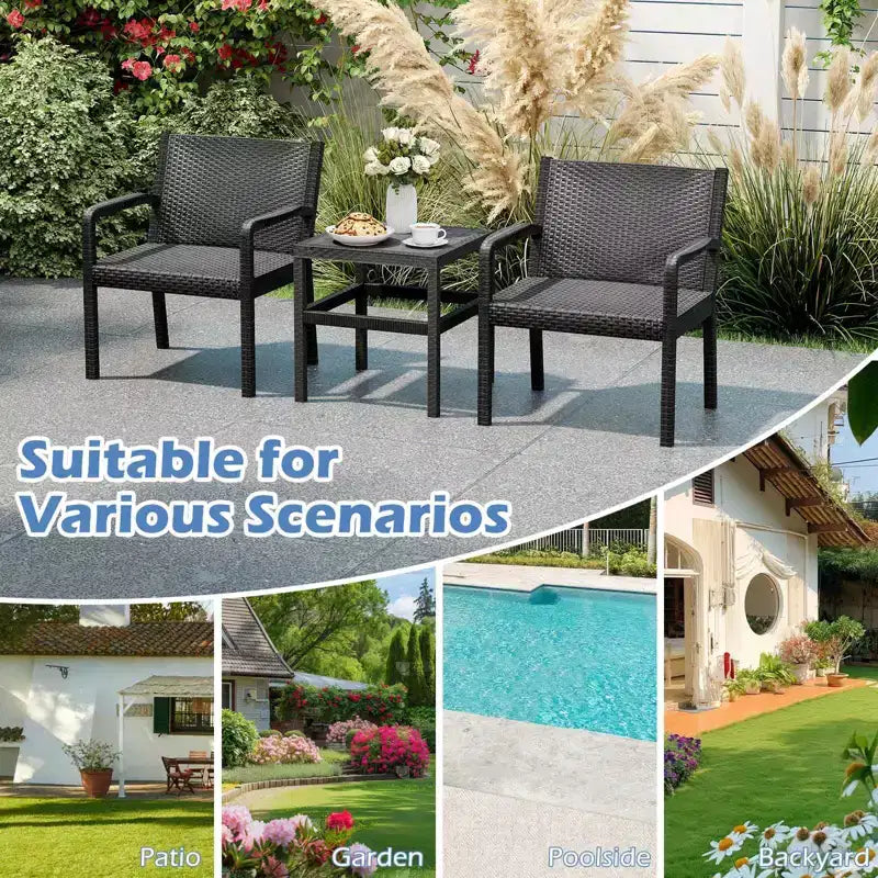 Costway Ensemble de Meubles de Patio 3 Pièces avec 2 Fauteuils en Rotin Modernes et Table d'Appoint 25 Squire Noir/Gris