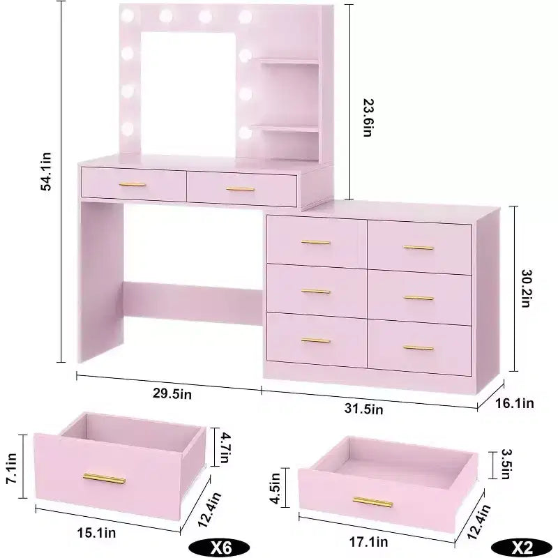 MDF Makeup Vanity Desk with Mirror and 8 Drawers 61''