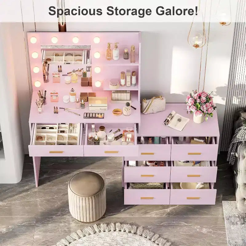 MDF Makeup Vanity Desk with Mirror and 8 Drawers 61''