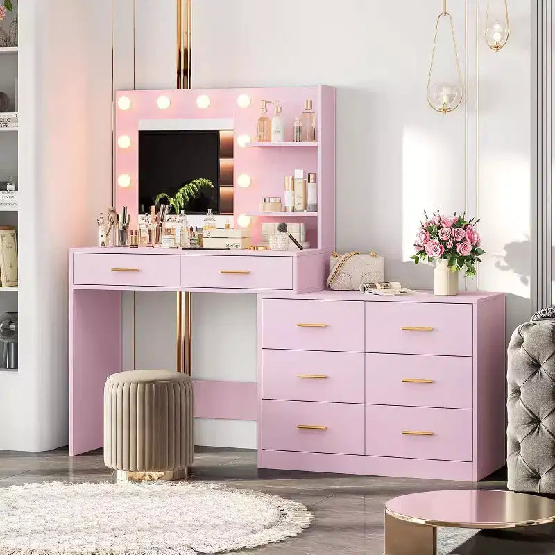 MDF Makeup Vanity Desk with Mirror and 8 Drawers 61''