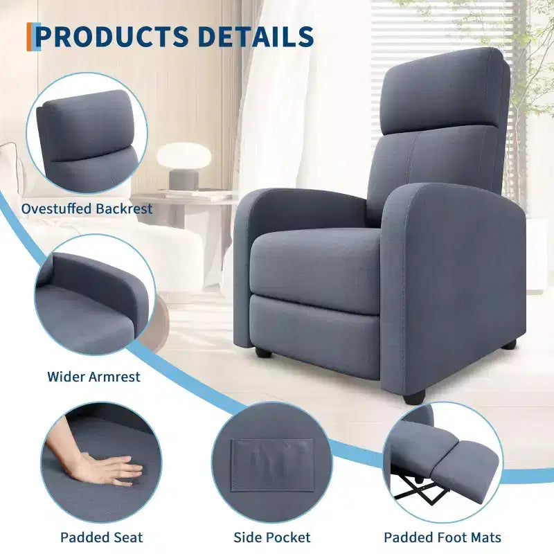 Fabric Manual Recliner Chair with Tall Back and Wide Arms