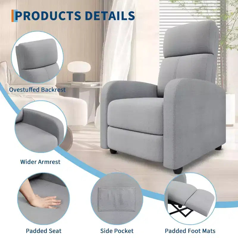 Fabric Manual Recliner Chair with Tall Back and Wide Arms