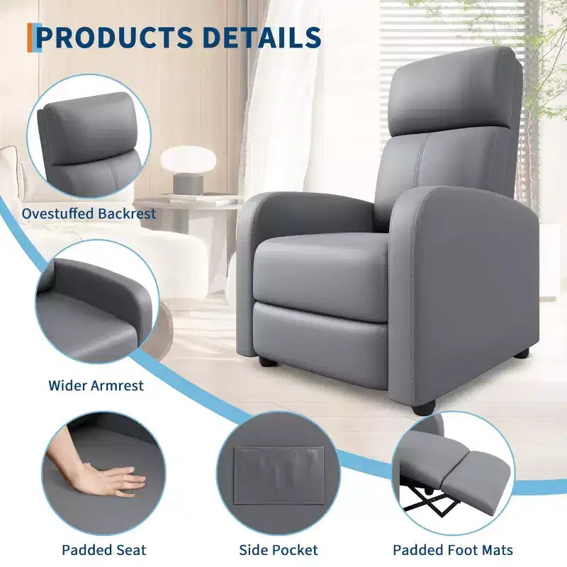 Fabric Manual Recliner Chair with Tall Back and Wide Arms