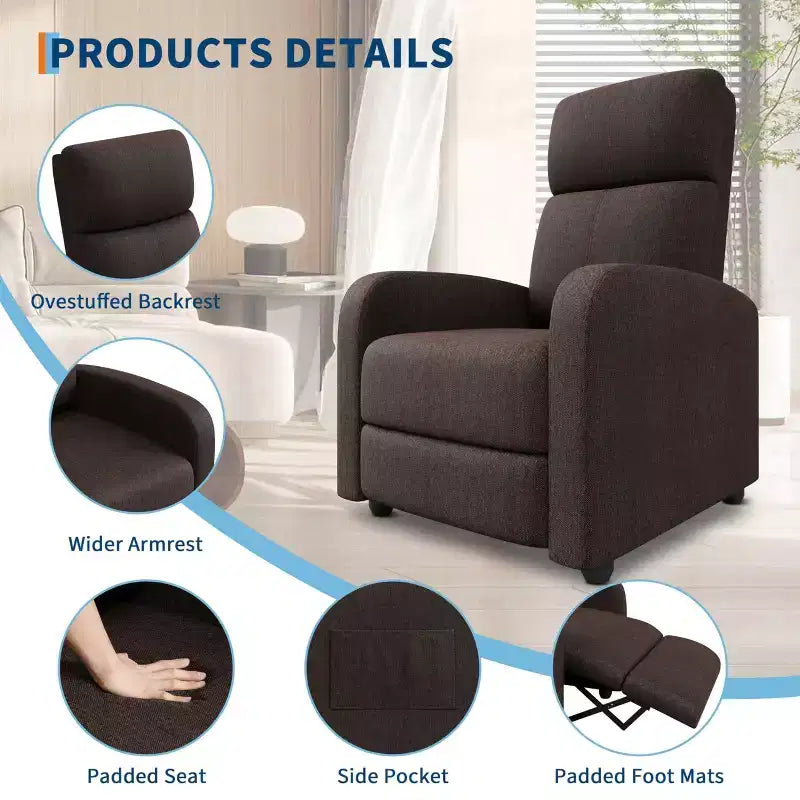 Fabric Manual Recliner Chair with Tall Back and Wide Arms