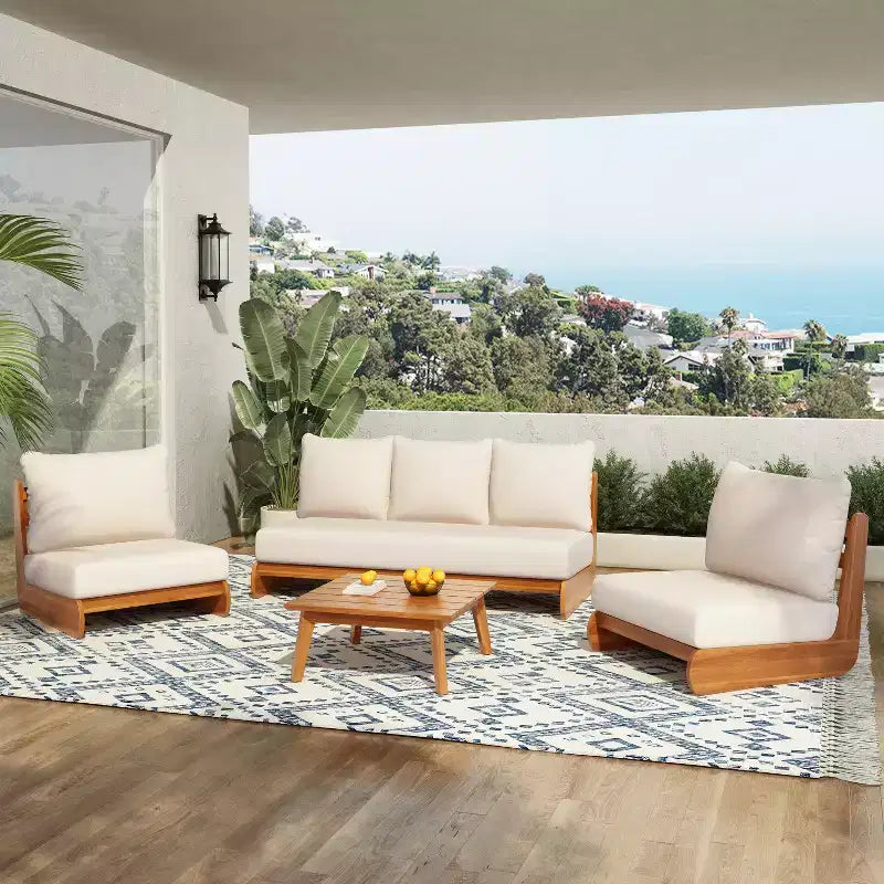 Christopher Knight Home Tavriel Mid-Century Modern Patio Acacia Wood 5-Seater Seating Set with Thick Cushions, Table Not Included