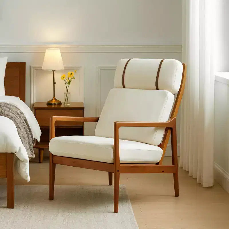 Solid Wood Mid-Century Accent Chair with Padded Cushions Beige