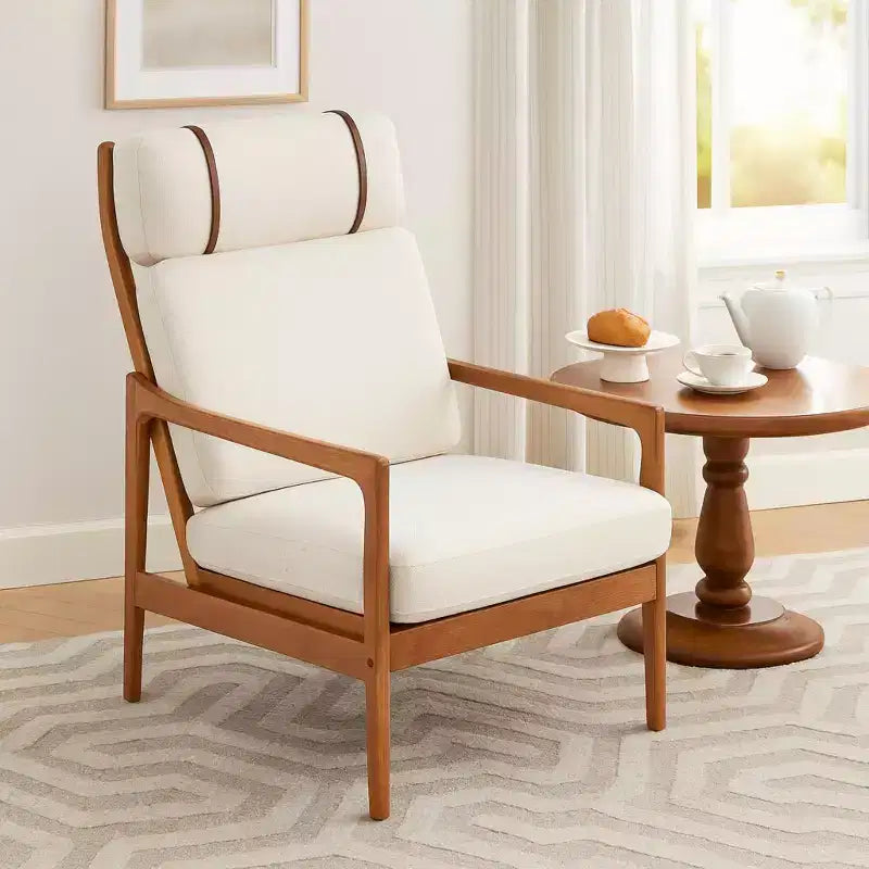 Solid Wood Mid-Century Accent Chair with Padded Cushions Beige