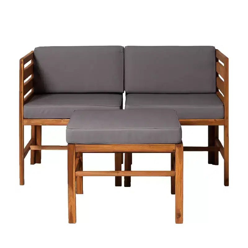 GDFStudio Elisha Ensemble 3 pièces de chaises avec accoudoirs gauche et droit et pouf en bois d'acacia d'extérieur avec coussins