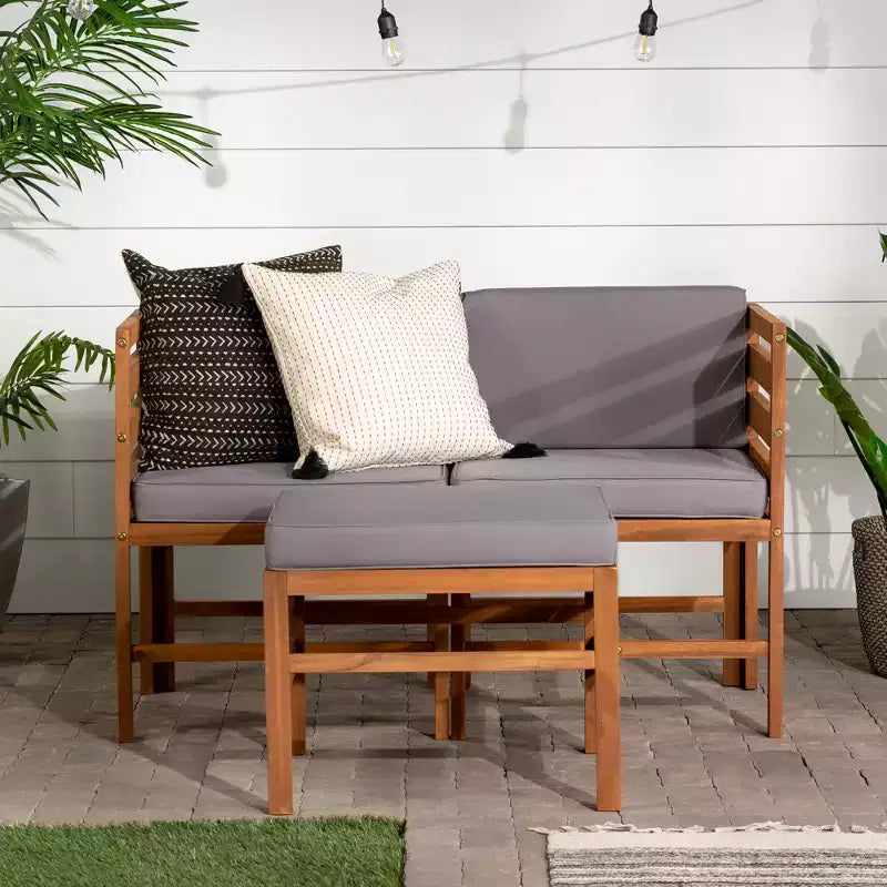 GDFStudio Elisha Outdoor Acacia Wood 3 Piece Left and Right Arm Chairs and Ottoman with Cushions