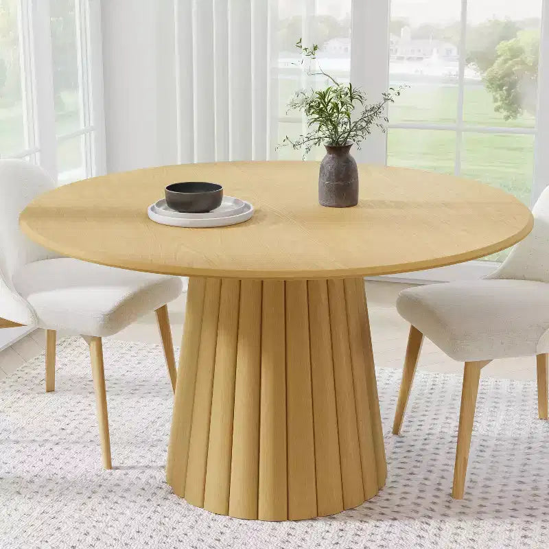 Wood Round Dining Table with Fluted Tapered Base 52''