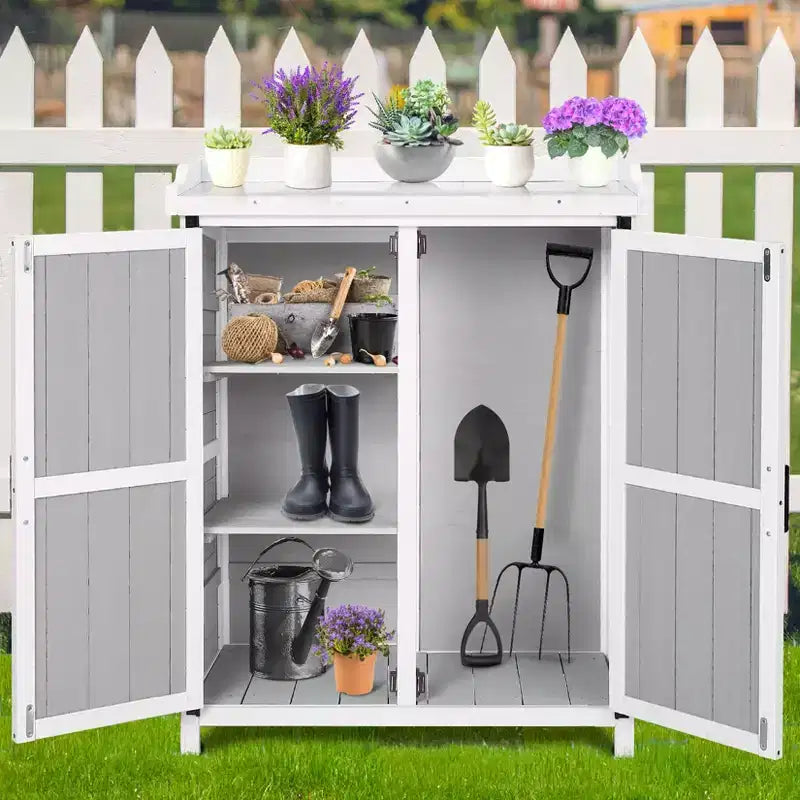 Wood Outdoor Potting Bench with Galvanized Tabletop and Shelves