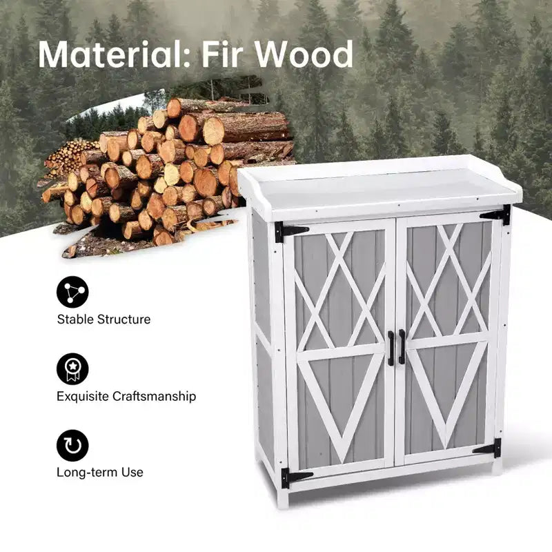 Wood Outdoor Potting Bench with Galvanized Tabletop and Shelves