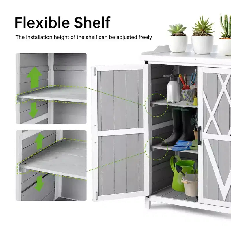 Wood Outdoor Potting Bench with Galvanized Tabletop and Shelves