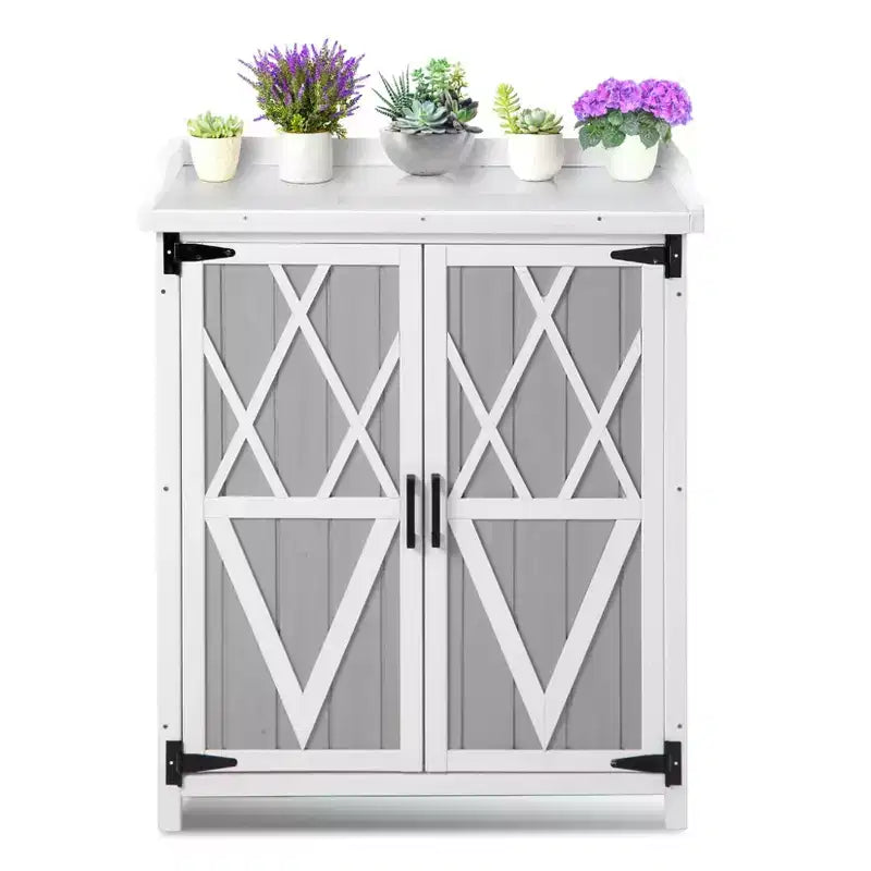 Wood Outdoor Potting Bench with Galvanized Tabletop and Shelves