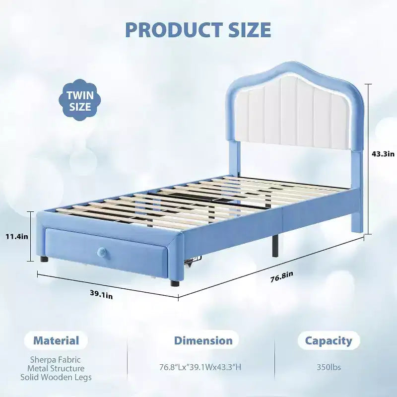 Velvet Upholstered Twin Bed Frame with Storage Drawer Blue