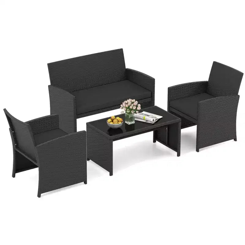 Costway Salon de jardin 4 pièces avec coussins d'assise et plateau de table en verre trempé, Extérieur Rouge/Noir/Blanc cassé/Gris/Turquoise/Bleu marine