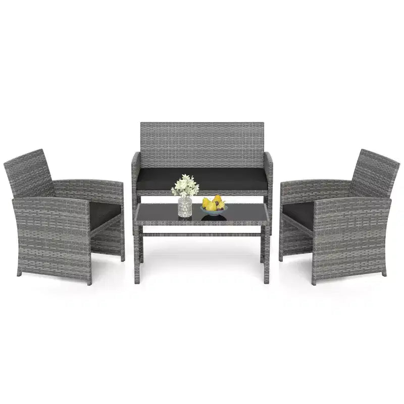 Costway Salon de jardin 4 pièces avec coussins d'assise et plateau de table en verre trempé, Extérieur Rouge/Noir/Blanc cassé/Gris/Turquoise/Bleu marine