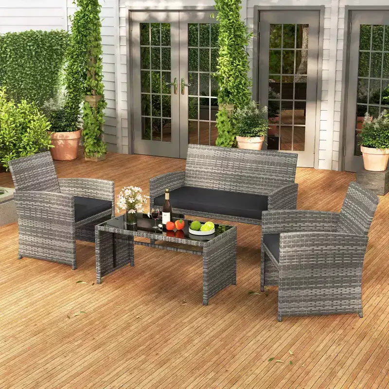 Costway Salon de jardin 4 pièces avec coussins d'assise et plateau de table en verre trempé, Extérieur Rouge/Noir/Blanc cassé/Gris/Turquoise/Bleu marine