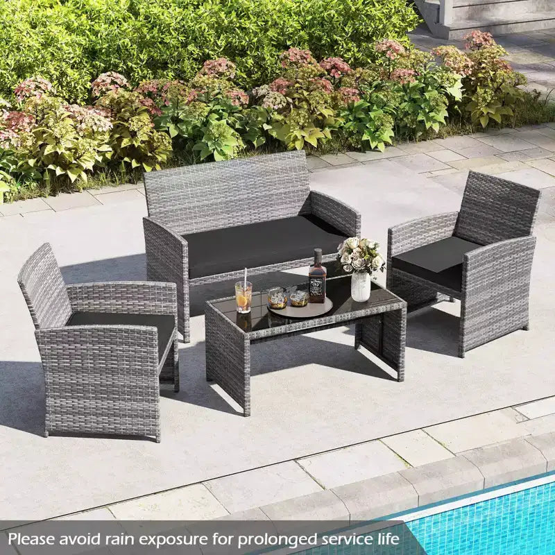 Costway Salon de jardin 4 pièces avec coussins d'assise et plateau de table en verre trempé, Extérieur Rouge/Noir/Blanc cassé/Gris/Turquoise/Bleu marine