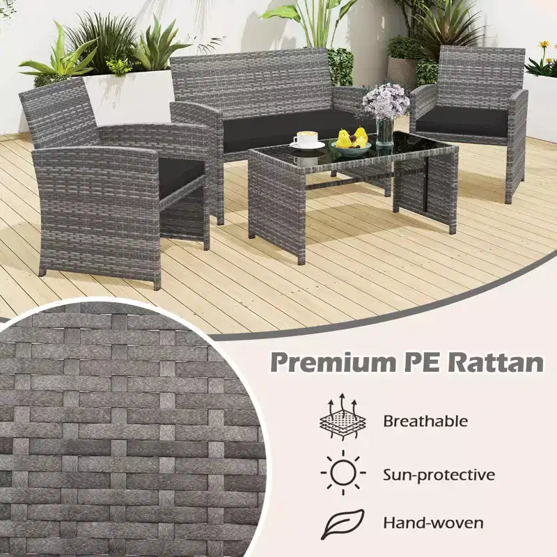 Costway Salon de jardin 4 pièces avec coussins d'assise et plateau de table en verre trempé, Extérieur Rouge/Noir/Blanc cassé/Gris/Turquoise/Bleu marine
