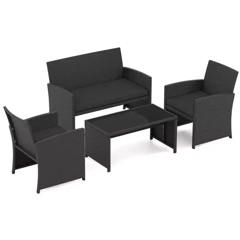 Costway Salon de jardin 4 pièces avec coussins d'assise et plateau de table en verre trempé, Extérieur Rouge/Noir/Blanc cassé/Gris/Turquoise/Bleu marine