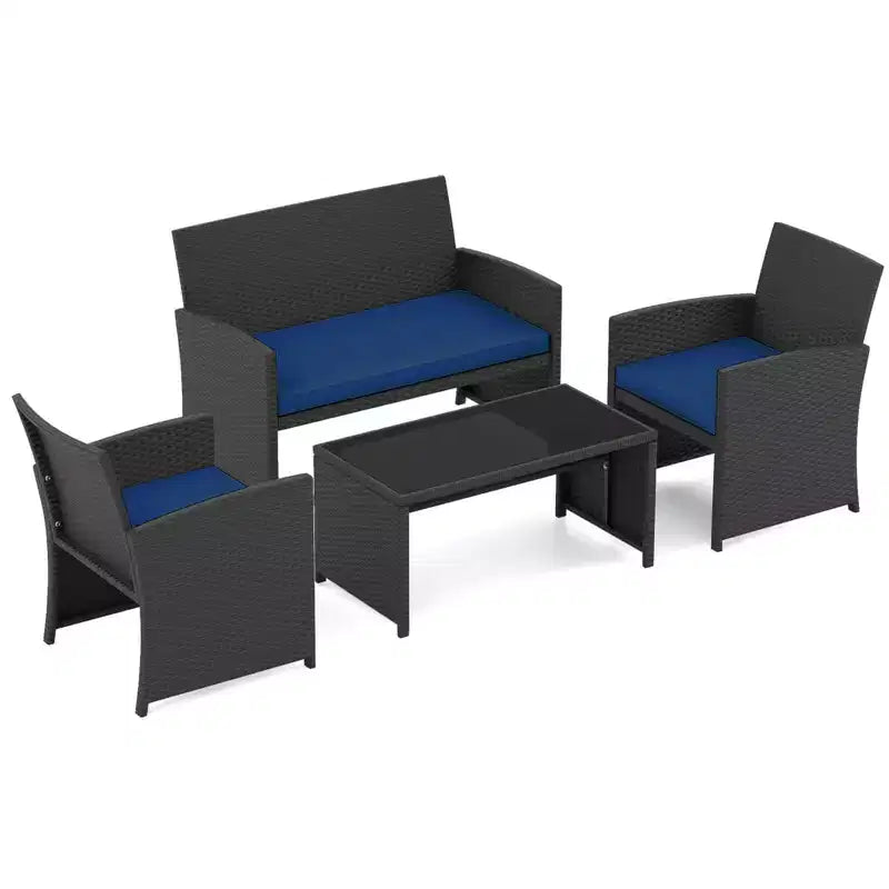 Costway Salon de jardin 4 pièces avec coussins d'assise et plateau de table en verre trempé, Extérieur Rouge/Noir/Blanc cassé/Gris/Turquoise/Bleu marine