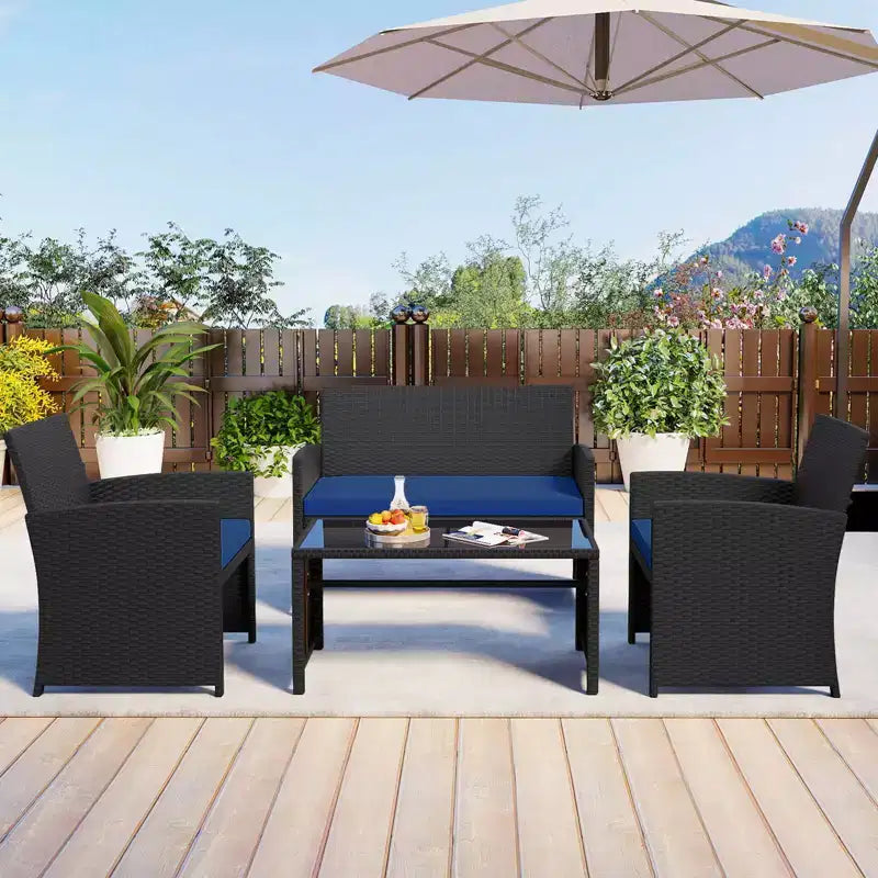 Costway Salon de jardin 4 pièces avec coussins d'assise et plateau de table en verre trempé, Extérieur Rouge/Noir/Blanc cassé/Gris/Turquoise/Bleu marine
